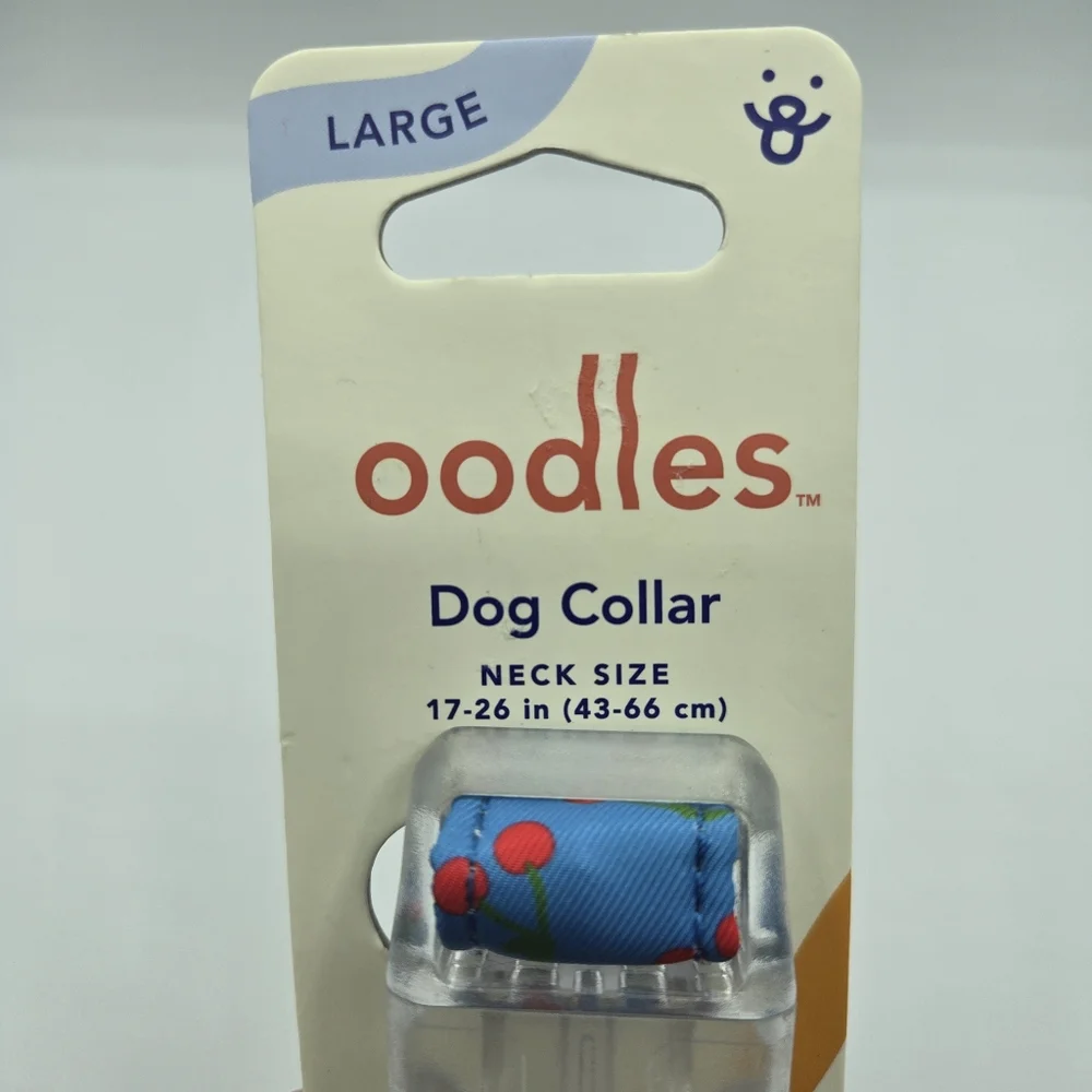 Oodles Blue Tart Cherries Adjustable Fashion Dog Collar, Large Neck Size 17